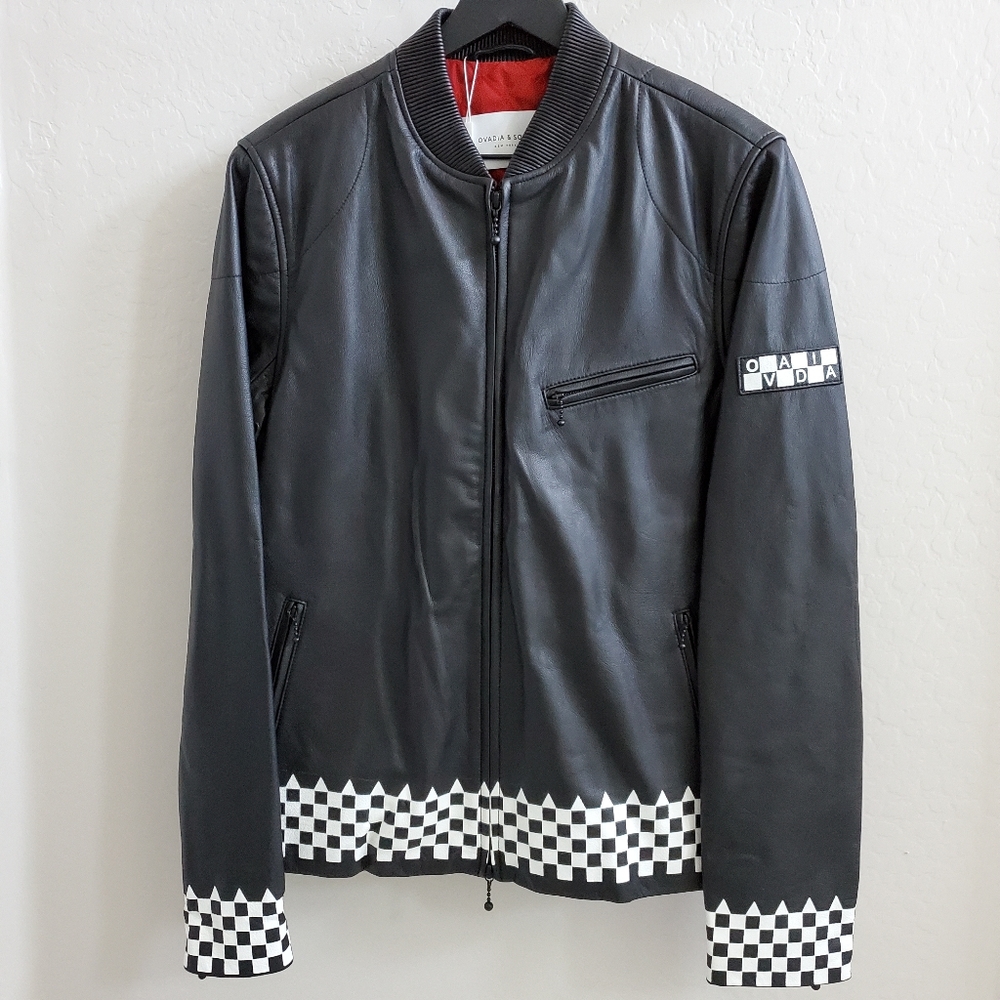 NWT Leather Ovadia & Sons Checker Print Biker Jacket